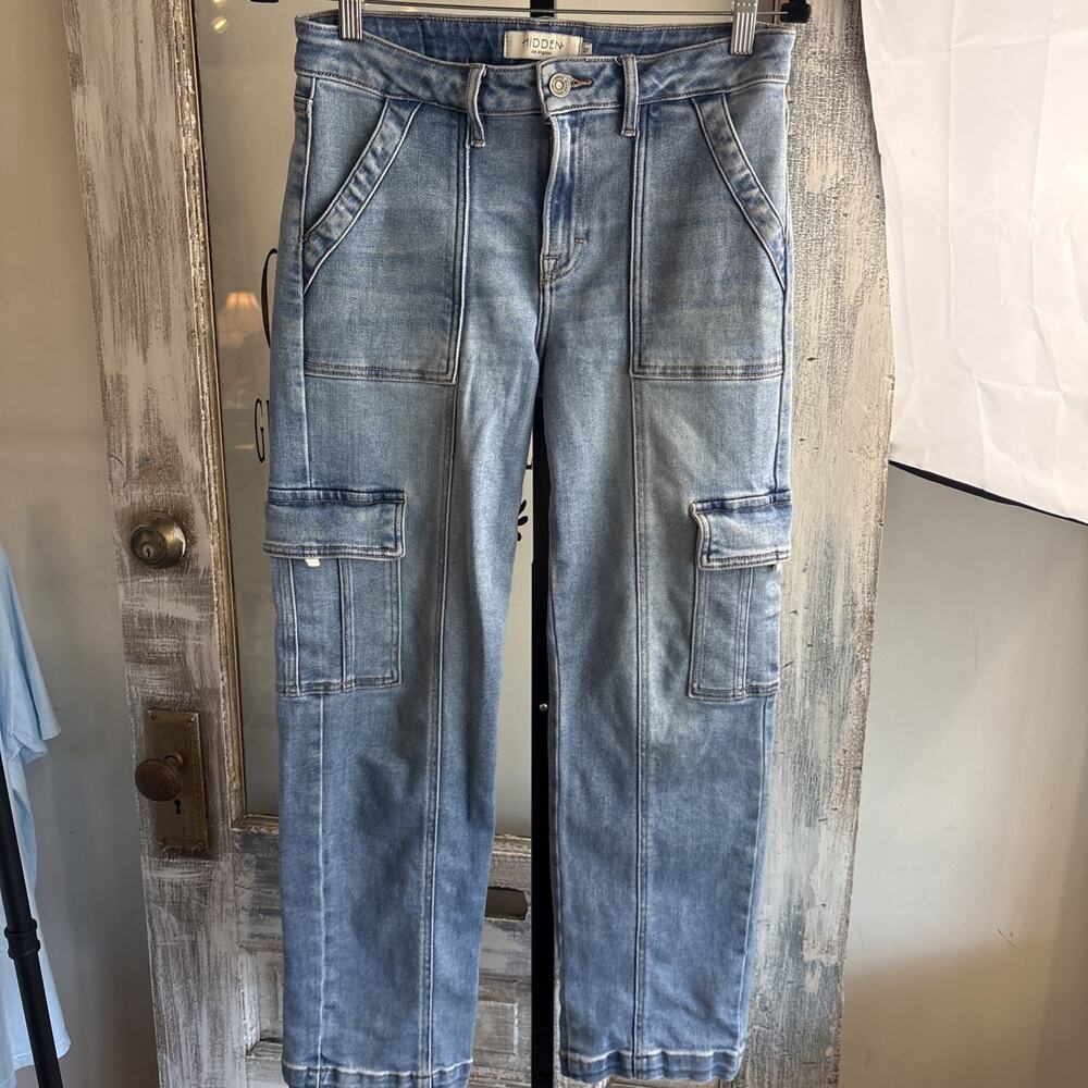 Hidden Jeans Crop Straight Leg Cargo Jeans Size 27 Light Wash